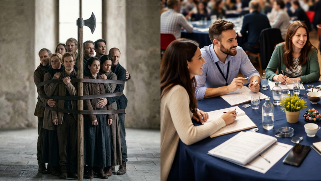 Links im Bild sieht man eine Gruppe von Menschen, die zusammengebündelt ist, zusammen mit einer großen Axt (in Anlehnung an die "fascia"). Rechts im Bild sind man geloste Bürgerräte.