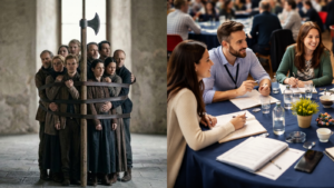 Links im Bild sieht man eine Gruppe von Menschen, die zusammengebündelt ist, zusammen mit einer großen Axt (in Anlehnung an die "fascia"). Rechts im Bild sind man geloste Bürgerräte.