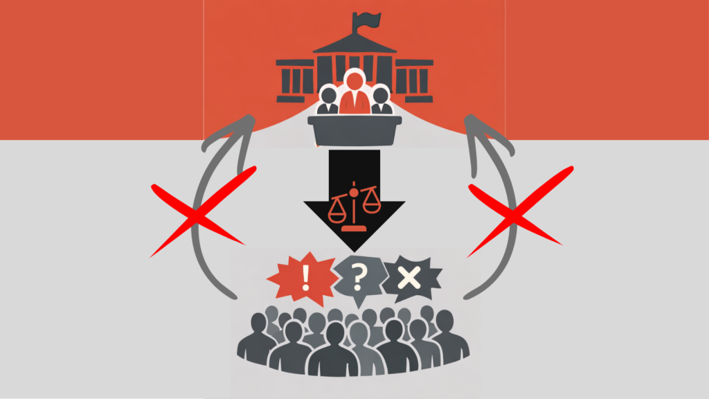 Politische Vertretung funktioniert nicht - zumindest nicht demokratisch. Das Bild zeigt eine Illustration, in der eine Menge von Menschen unten im Bild ist, mit Ausrufezeichen und Fragezeichen (die Menge ist aufgebracht). Oben im Bild sehen wir Menschen hinter einem Podest und vor einem Parlament. Ein Pfeil geht von ihnen zum Volk, mit einer unbalancierten Waage auf dem Pfeil. Links und rechts im Bild sind Pfeile von der Menge zu den Politikern, allerdings sind diese in der Mitte rot durchgestrichen.